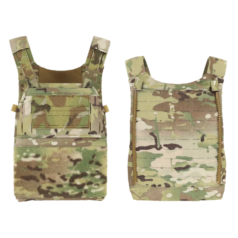 Two Multicam camouflage vests on a white background