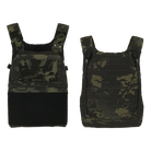 Front and back view of Multicam Black camouflage tactical vest on a white background