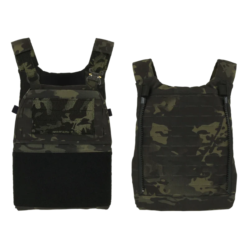 Front and back view of Multicam Black camouflage tactical vest on a white background