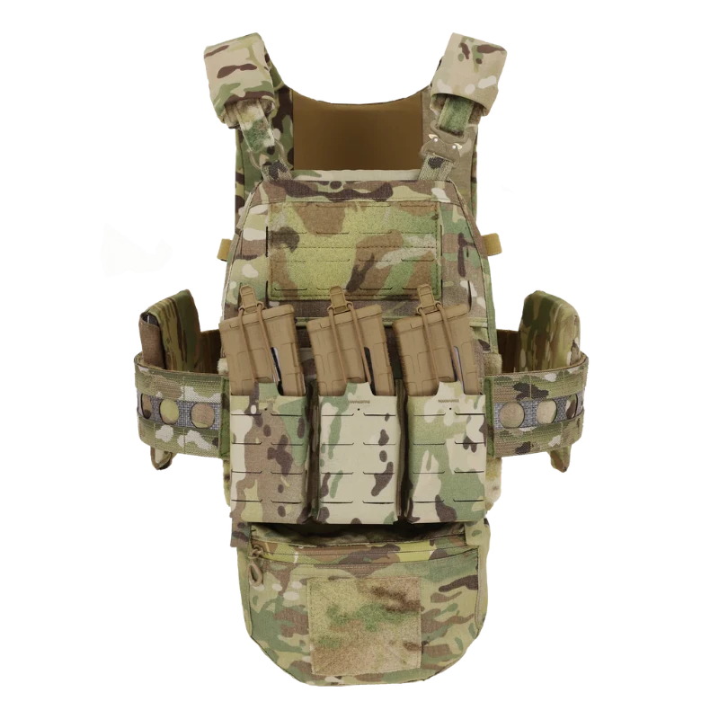 Fully kitted out Ferro Concepts FCPC Multicam Camouflage tactical vest with multiple pouches on a greyed out model