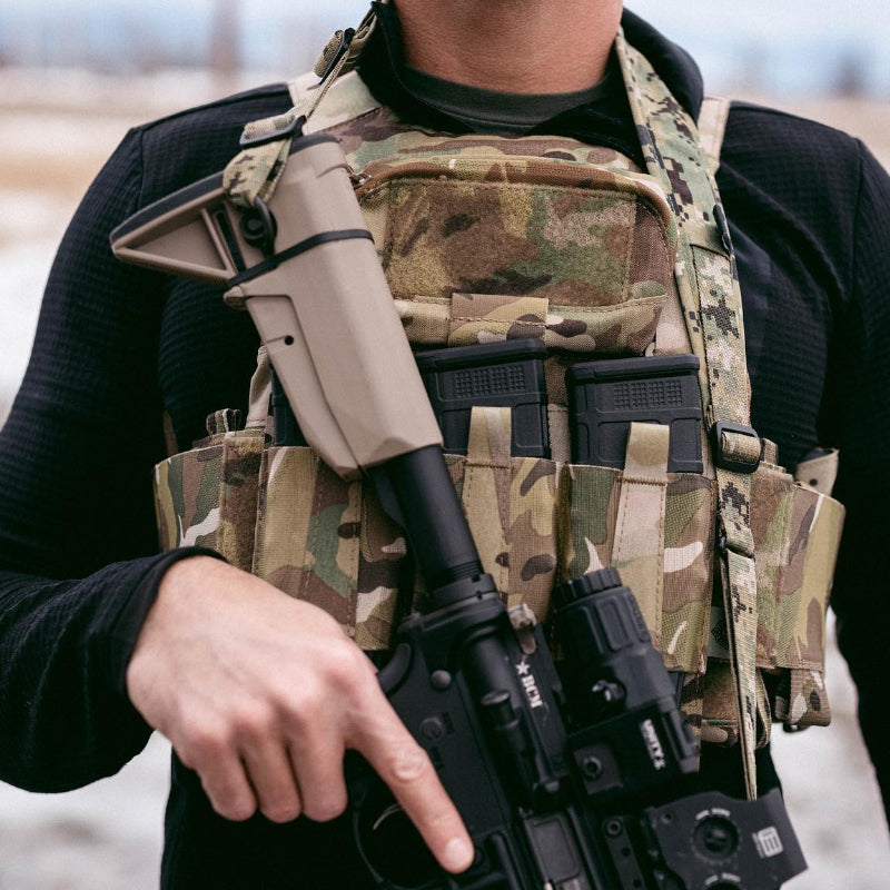 Operator wearing plate carrier equipped with Ferro Concepts ADAPT Admin Panel providing accessible storage for mission essential equipment