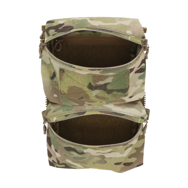 Ferro Concepts Back Panel Double Pouch opened to show spacious dual compartment design, loop lined interior, and internal organization features