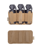 Product shot of the Ferro Concepts Bang Insert Triple showing the modular laser cut retention insert designed to hold three flashbangs or 40mm rounds with elastic retention and adjustable straps for use in GP pouches or loop lined systems. Available in black or coyote brown at Tactical Distributors. 