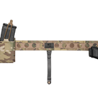 Multicam tactical belt with magazine pouches and black belt clip on a white background