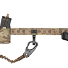 Camouflage tactical belt with magazine pouch and carabiner on a white background