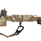 Camouflage tactical belt with magazine pouch and carabiner on a white background