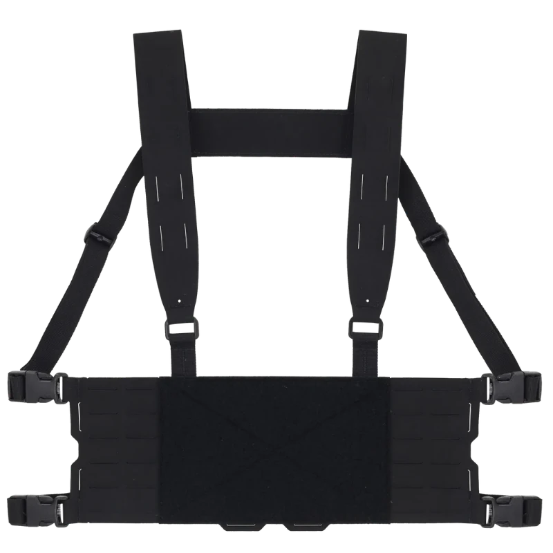 Ferro Concepts Chesty Rig Harness Wide in Black, a modular chest rig harness built for Slickster and ADAPT platforms. Features MOLLE webbing, laser-cut slots, and loop Velcro for ID patches. Made in the USA for tactical, range, and mission-ready use.