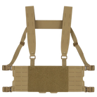 Ferro Concepts Chesty Rig Harness Wide in Coyote Brown, a USA-made modular chest rig harness for Slickster and ADAPT platforms. Features MOLLE webbing, laser-cut slots, and loop Velcro for ID patches. Built for plate carrier and range use.