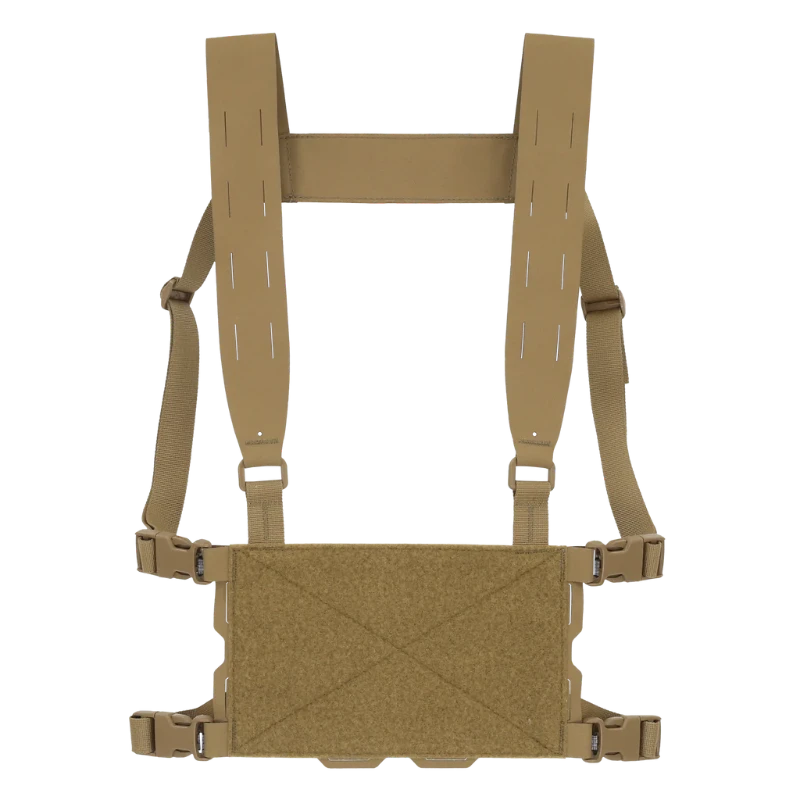 Coyote Brown Ferro Concepts Chesty Rig Mini Harness with adjustable H-harness and modular platform for chest rig loadout customization.