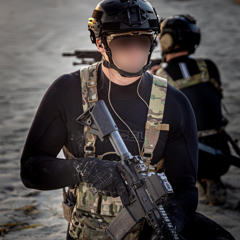 Ferro Concepts Chesty Rig Mini Harness worn during maritime operations, providing lightweight load carriage and rapid access to equipment.