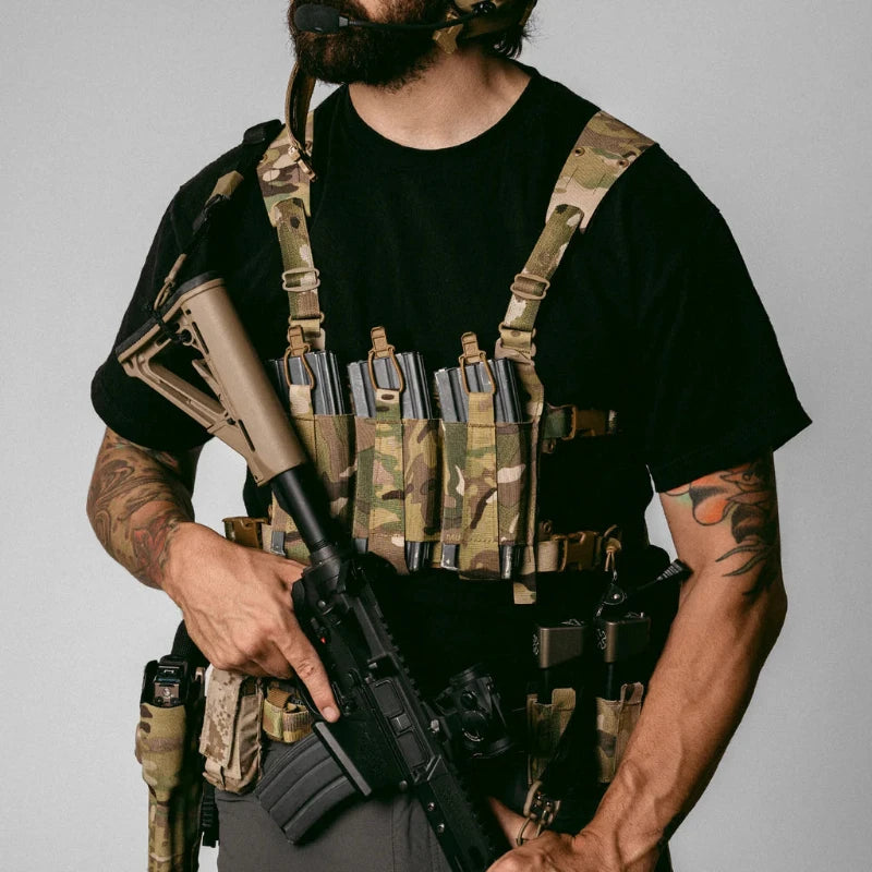 Operator wearing the Ferro Concepts Chesty Rig Mini V2 configured with magazine pouches and mission-essential equipment for tactical operations.