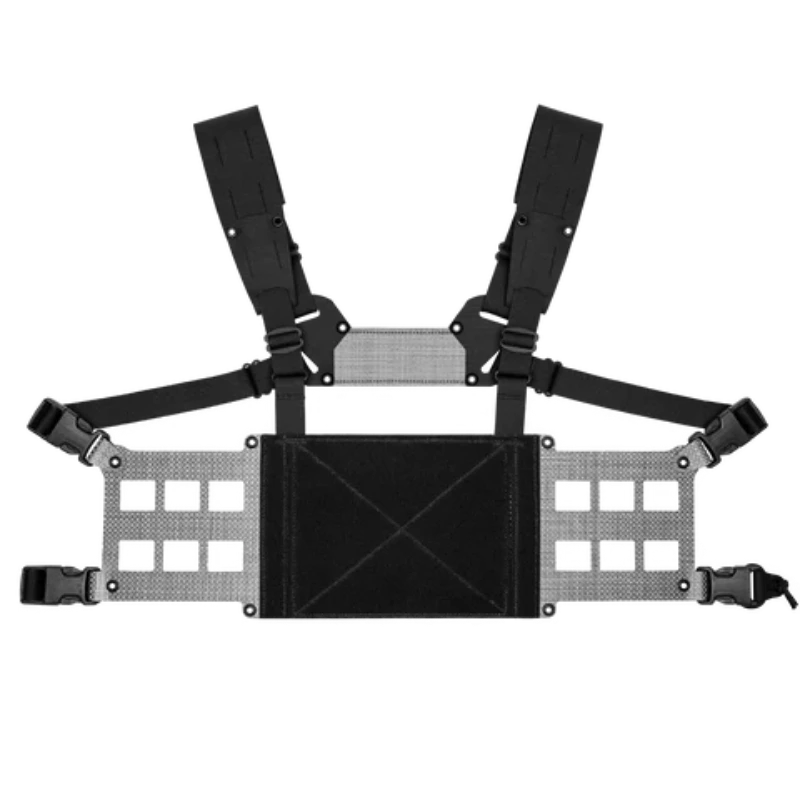 Ferro Concepts Chesty Rig Wide V2 chest rig platform in Black featuring rigid MOLLE side panels, adjustable H-harness, and ADAPT front flap compatibility.