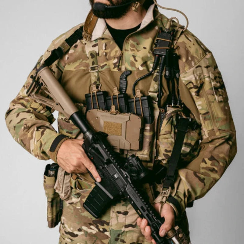 Operator wearing the Ferro Concepts Chesty Rig Wide V2 configured with tactical gear for field use and rapid equipment access.