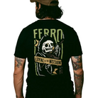 Model wearing Ferro Concepts Loyal Reaper Tee displaying large back graphic featuring the Loyal Reaper artwork and Ferro branding