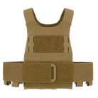 Front view of the Ferro Concepts Slickster Plate Carrier in Coyote Brown highlighting its lightweight minimalist design with an elastic cummerbund to hold 5.56 or 7.62 magazines, smoke, radio, or medical gear. Features loop Velcro panels for ID patches, laser-cut slots for mounting ADAPT flaps or chest rigs, and adjustable laminated shoulder straps for a precise fit. This scalable low-profile plate carrier is ideal for covert missions, direct action, and everyday tactical operations