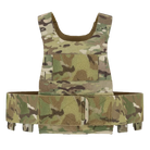 Front view of the Ferro Concepts Slickster Plate Carrier in MultiCam camo showing its streamlined minimalist design with an elastic cummerbund for securing 5.56 and 7.62 magazines, smoke, radio, or medical gear. Features loop Velcro for ID patches, laser-cut slots for attaching ADAPT flaps or chest rigs, and fully adjustable laminated shoulder straps. This low-profile modular plate carrier is trusted for covert operations, tactical missions, and law enforcement duty
