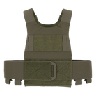 Front view of the Ferro Concepts Slickster Plate Carrier in Ranger Green highlighting its ultra-lightweight minimalist design, elastic cummerbund that holds rifle magazines or medical gear, loop Velcro for patches, and laser-cut slots for attaching ADAPT flaps or chest rigs. Built for covert missions, low-profile operations, and scalable direct action loadouts trusted by military and law enforcement professionals