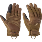 Product shot of Outdoor Research Firemark Sensor Gloves in coyote, featuring Nomex® flame-resistant shell, touchscreen compatibility, leather palm, and knuckle padding for high-speed tactical performance.