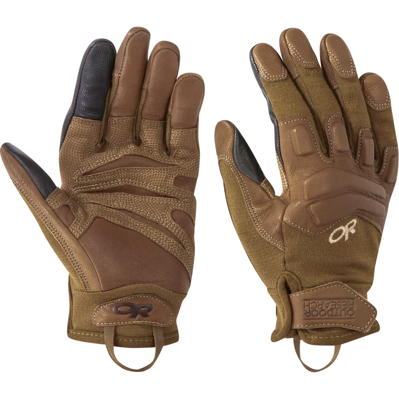 Product shot of Outdoor Research Firemark Sensor Gloves in coyote, featuring Nomex® flame-resistant shell, touchscreen compatibility, leather palm, and knuckle padding for high-speed tactical performance.