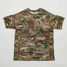 Flat lay of short sleeve MultiCam range shirt showing tactical cut, patch-ready sleeves, and lightweight moisture-wicking fabric