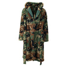 Front view of an M81 Woodland Camouflage-patterned robe on a white background
