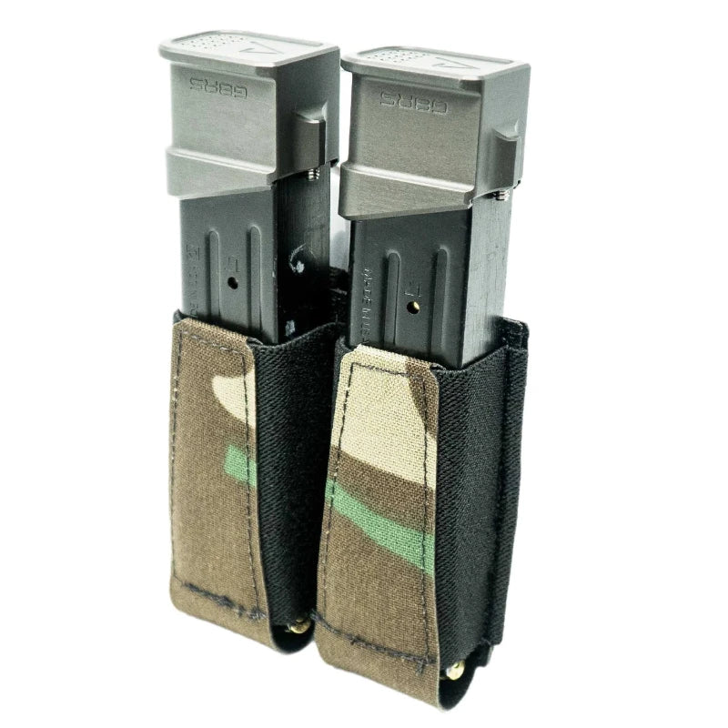 GBRS Group Double Pistol Magazine Pouch in Woodland camo displayed in a standard product shot, showing the open-top elastic retention, laser-cut Squadron laminate, and MOLLE and belt-compatible mounting for double-stack pistol mags.