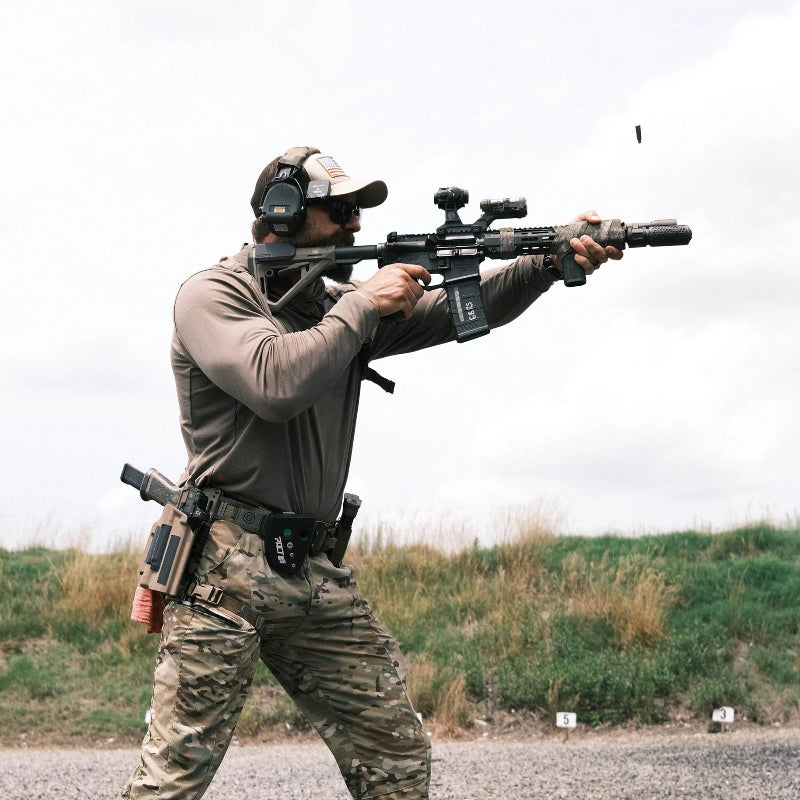 GBRS Group HYDRA V2 2.91 inch elevated optic mount installed on tactical rifle during live fire training, tall red dot mount improving heads up shooting posture, faster target acquisition, and night vision compatible duty rifle performance made in the USA