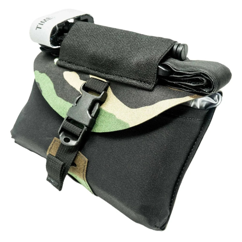 GBRS Group IFAS Individual First Aid System Pouch Woodland camo showing laser cut squadron laminate and integrated tourniquet holder
