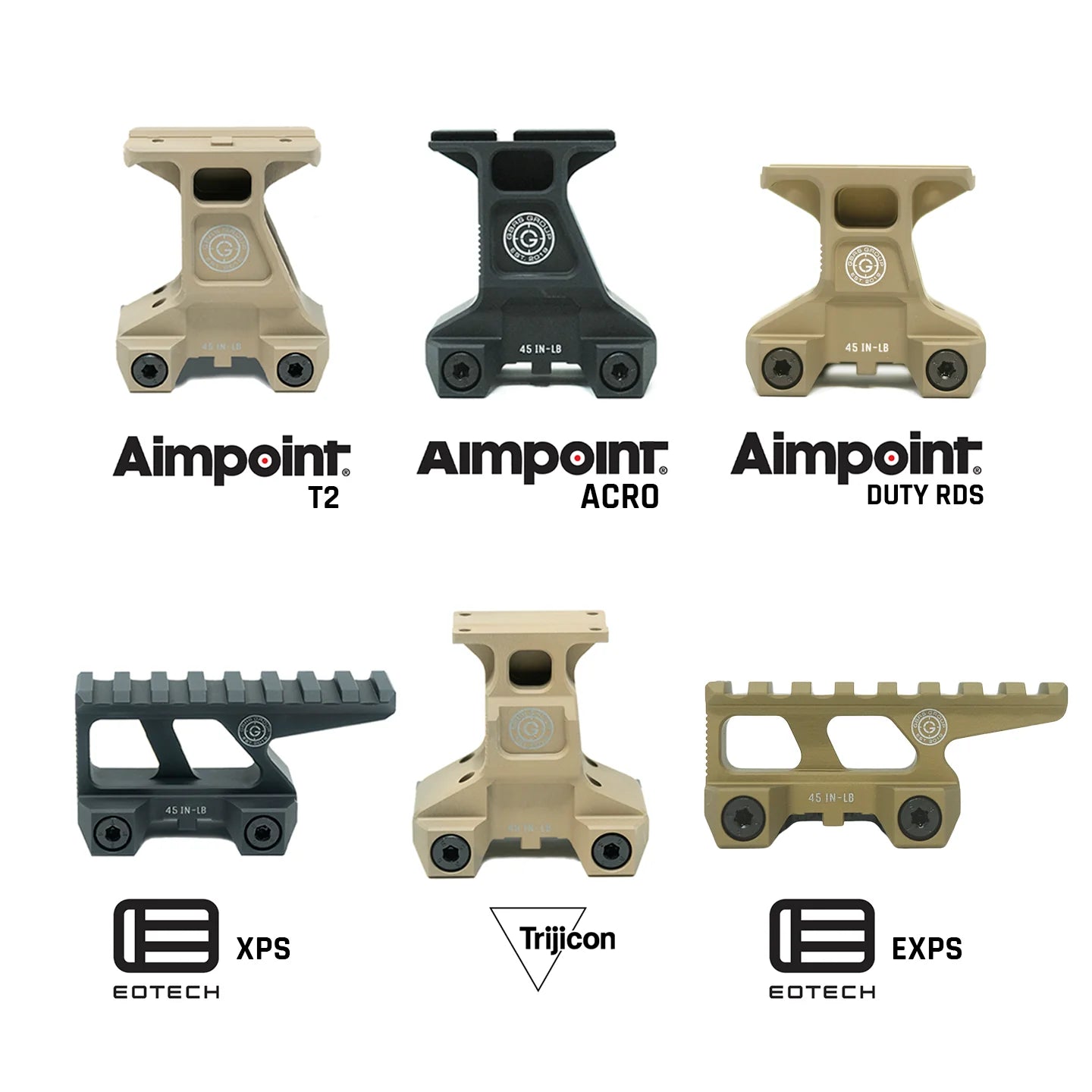 GBRS Group Lerna 2.91 inch elevated red dot optic mount comparison graphic showing variants for Aimpoint Micro, Aimpoint ACRO, EOTECH HWS, and Trijicon MRO platforms in Black and Flat Dark Earth for night vision compatible tactical rifle setups made in the USA