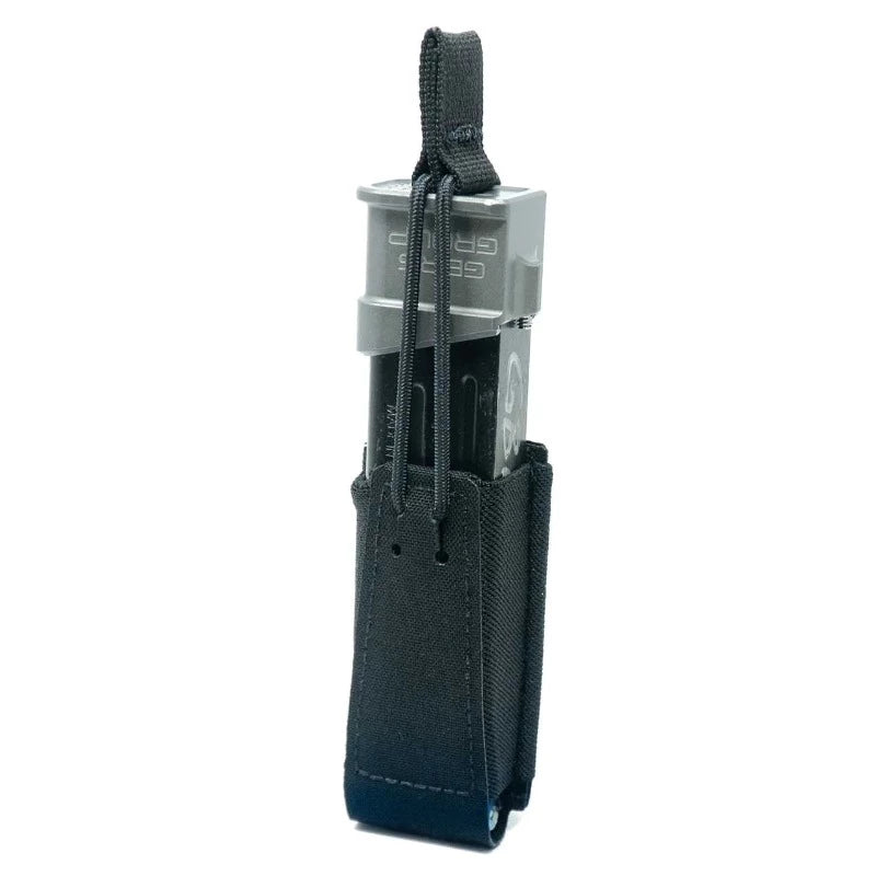 GBRS Group Single Pistol Mag Pouch Black with bungee retention showing front view of compact pistol mag carrier