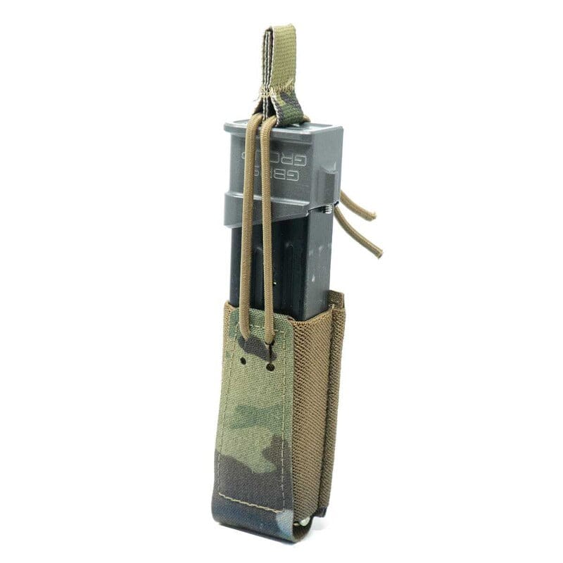 GBRS Group Single Pistol Mag Pouch Bungee Retention in Multicam showing low profile elastic pistol magazine holder front view