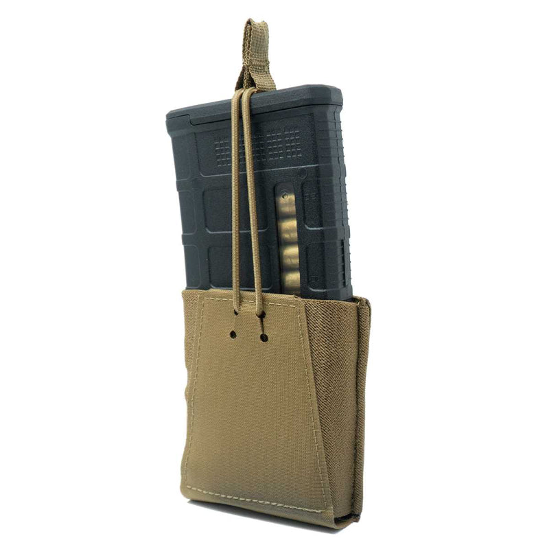GBRS Group Single Rifle Mag Pouch in Coyote (5.56) | Laser-cut Squadron laminate minimal MOLLE pouch with 4" poly elastic retention and removable bungee for fast AR-15/AK reloads