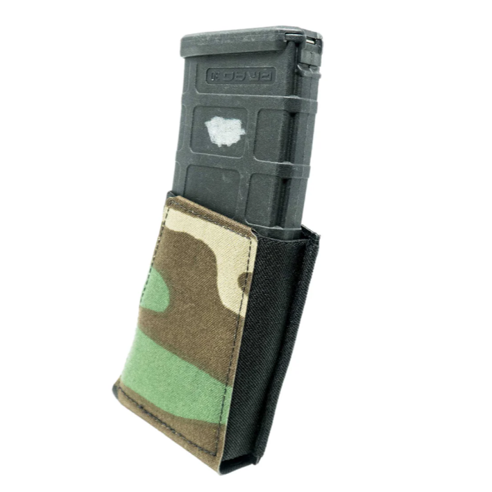 GBRS Group Single Rifle Magazine Pouch in Woodland camo shown in a clean product view, featuring open-top friction retention, 4 inch poly elastic, and laser-cut Squadron laminate for secure AR and AK mag carry on tactical belts or MOLLE gear.