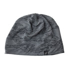 Grey skull cap beanie with black tiger stripe camouflage pattern on a white background