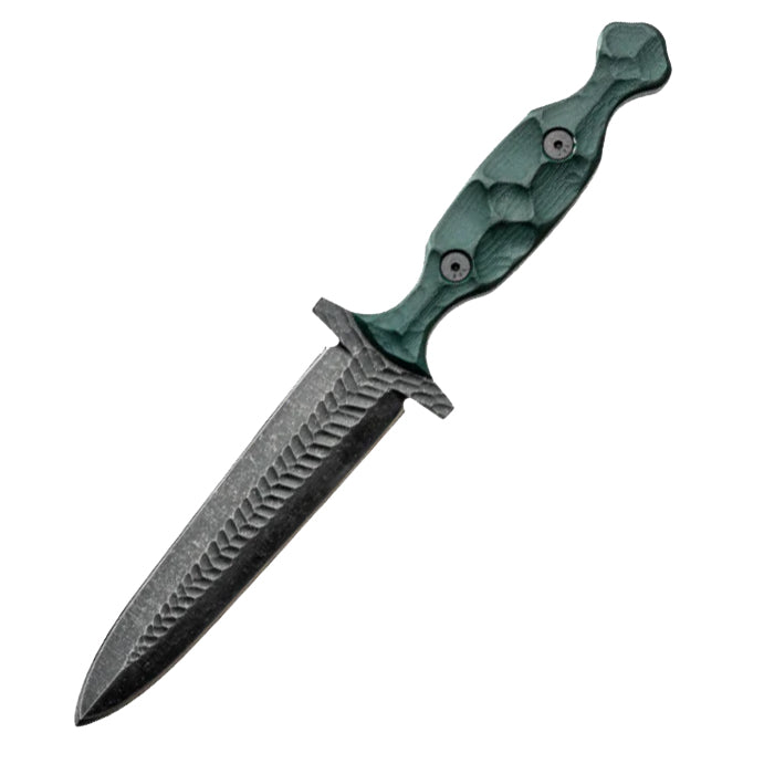 Green Beret Foundation Heritage Dagger featuring 5 inch double edged 1095 high carbon steel blade with acid dipped finish and textured G10 handle