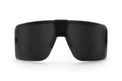 Front view of Heat Wave XL Vector Z87+ sunglasses in matte black with Polar Black lens. XL fit frame is 10mm wider and 4mm taller, ANSI Z87+ rated for impact protection, lightweight at 1.4 oz, and fully modular with replaceable shield lens.