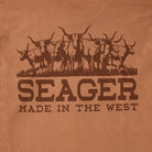 Brown leather texture with longhorn cattle illustration and 'SEAGER MADE IN THE WEST' text.