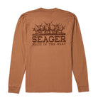 Brown long-sleeve shirt with 'Seager Made in the West' logo on a white background