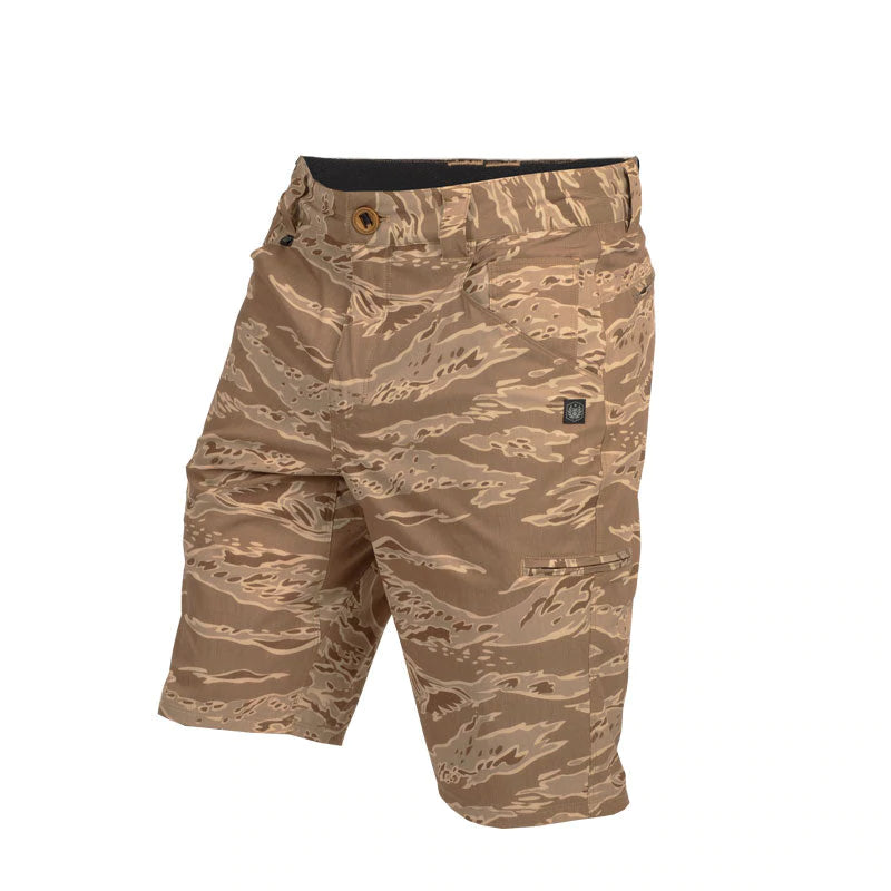 Front-facing multicam shorts in Desert Tiger Stripe brown from Tactical Distributors Neptune line