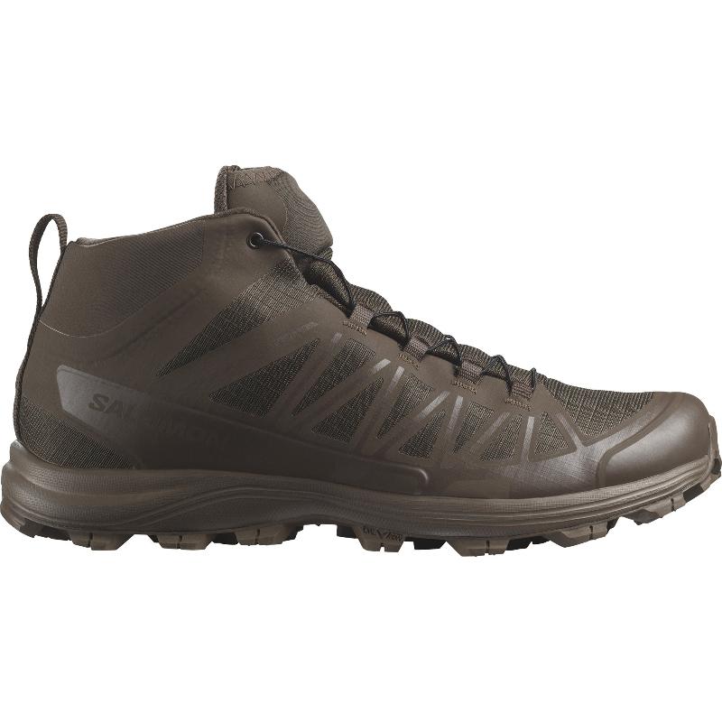 Salomon SPEED ASSAULT 2 tactical boots in Earth Brown, built for speed and agility in hot, wet conditions. Lightweight, quick-drying tactical footwear with Quicklace® system, breathable textile upper, and aggressive rubber outsole for all-terrain grip.
