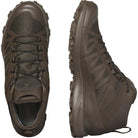 Pair of Salomon SPEED ASSAULT 2 tactical boots in Earth Brown, designed for mobility and comfort in desert and tropical environments. Lightweight, breathable, quick-drying construction with Quicklace® system and high-traction rubber outsole. Available at Tactical Distributors.