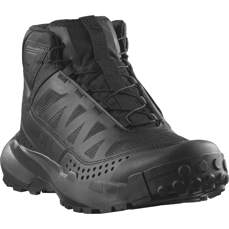 Black tactical boot with a white background