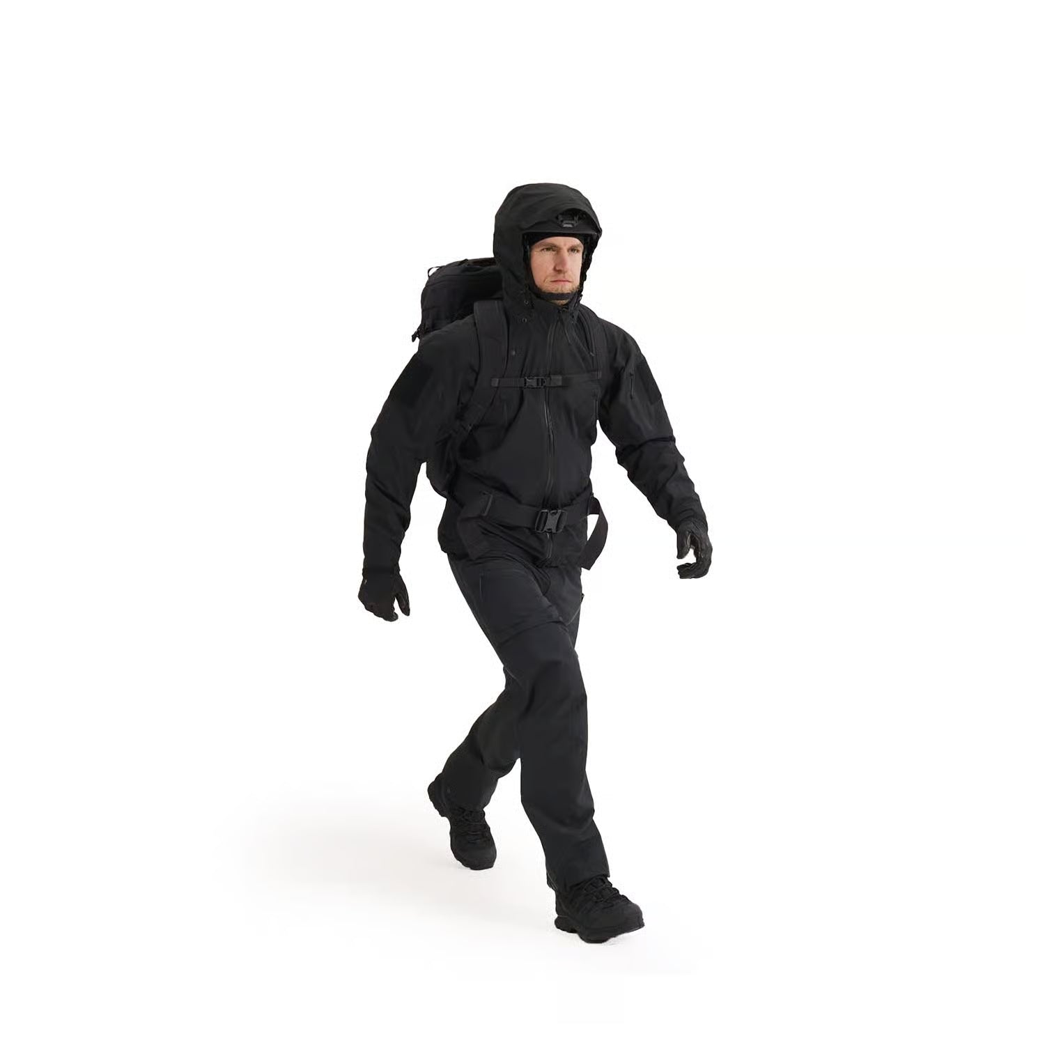 Arc'teryx LEAF Alpha Jacket GEN 2.3 front view while worn demonstrating military fit and full kit compatibility