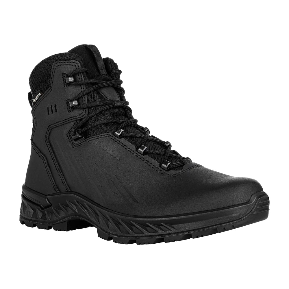 LOWA ZICON GTX MID tactical boot in Black 3/4 angle view.  Lightweight ESD compliant waterproof tactical boot with GORE-TEX PROFESSIONAL lining RAYFLECT heat reflective leather DynaPU dual injection midsole and COVERT slip resistant outsole - best black duty boot for SWAT military and patrol operations