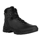 LOWA ZICON GTX MID tactical boot in Black 3/4 angle view.  Lightweight ESD compliant waterproof tactical boot with GORE-TEX PROFESSIONAL lining RAYFLECT heat reflective leather DynaPU dual injection midsole and COVERT slip resistant outsole - best black duty boot for SWAT military and patrol operations