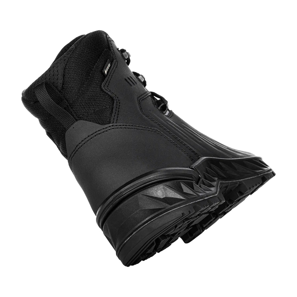 LOWA ZICON GTX MID tactical boot in Black back heel view- Durable waterproof GORE-TEX tactical boot with reinforced heel support RAYFLECT heat reflective leather upper and slip resistant COVERT outsole -  best ESD compliant black duty boot for patrol SWAT and law enforcement professionals