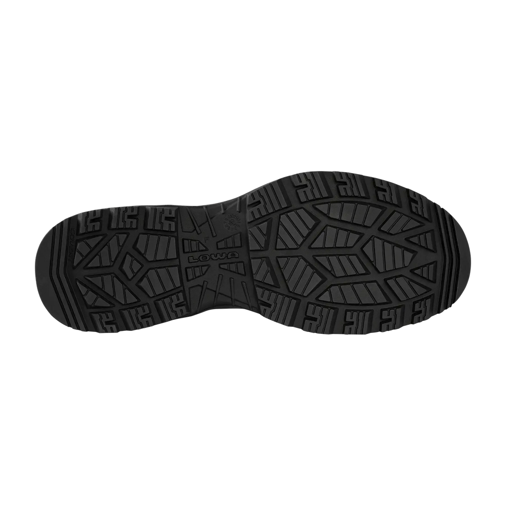 LOWA ZICON GTX MID tactical boot in Black bottom sole view | Rugged COVERT rubber outsole designed for superior traction and stability with ESD compliant waterproof GORE-TEX construction and RAYFLECT heat reflective leather upper ideal for patrol military and law enforcement use