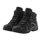 Angled view of a pair of LOWA Zephyr MK2 GTX Mid tactical boots in Black showcasing the waterproof upper and rugged outsole.