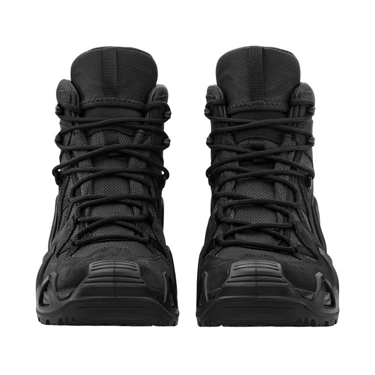 Pair of LOWA Zephyr MK2 GTX Mid tactical boots in Black shown from the front with waterproof GORE-TEX construction and mid-cut support.