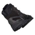 Rear heel view of the LOWA Zephyr MK2 GTX Mid in Black showing the supportive heel counter and padded collar.